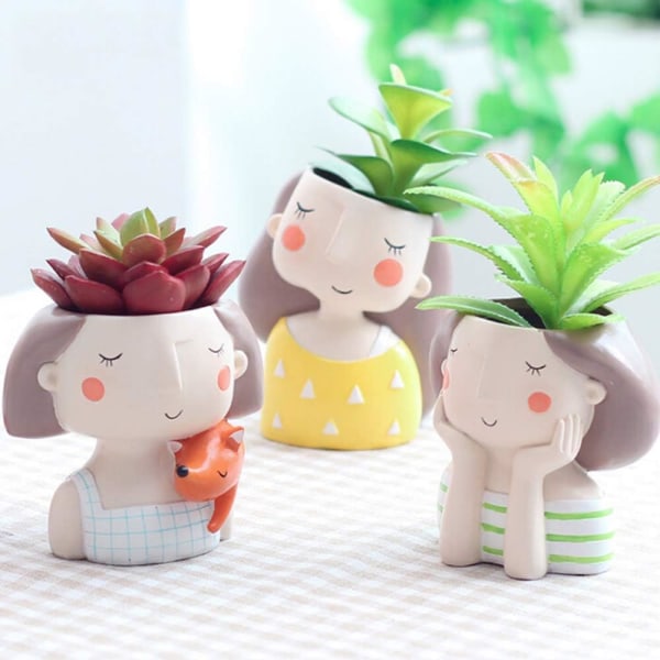 Nyhed Cute Girls Head Succulent Planter Pot White Bonsai