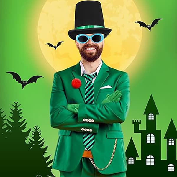 Halloween-kostym: grön hög hatt, blå solglasögon, randig handknuten slips, gröna handskar. 4-piece set - blue
