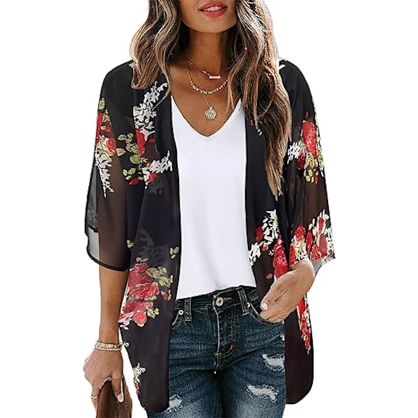 Kvinners blomstrete puff-ermet kimono-jakke løs dekke casual bluse