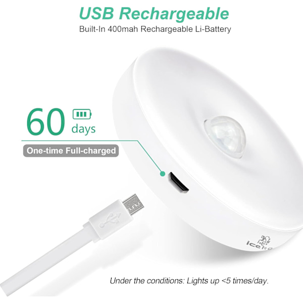 Automatic LED Night Light [3-Pack], 3 Modes (Auto/On/Off), Self-Adhesive USB Rechargeable Battery Lamp, Wireless LED (White)-FF-