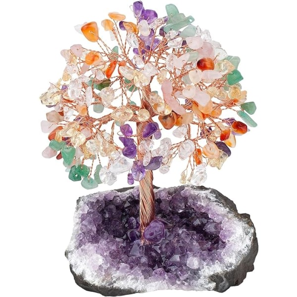 Livets träd i 7 chakra naturliga kristaller Fengshui träddekoration med ametistbas Reikisten dekorativ prydnad för bord, meditationsdekoration