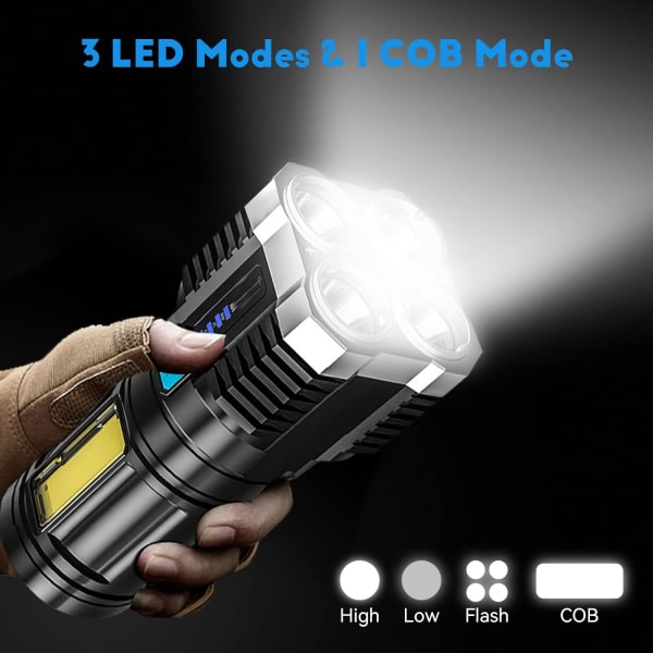 Superstarka LED-facklor, USB laddningsbar ficklampa med sidoljus 4 COB-lägen Kraftfulla lumen för utomhuscampingfackla [Energiklass A+++]