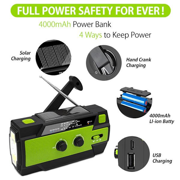 4000mAh vevradio med solcellsficklampa och powerbank green