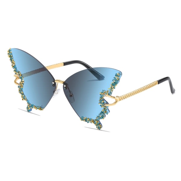 Innfatningsløse solbriller for kvinner Butterfly Vintage-Retro Funky Colored Diamond Rhinestone Glasses Festival Rave 70s Party Solbriller UV-beskyttelse