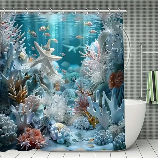 Blue Ocean Shower Curtain with Shells & Starfish, Polyester, High Quality, 12 Hooks, Bathroom Curtain 4pcs