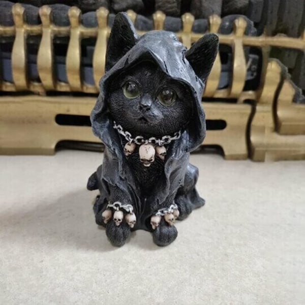 Feline Cloaked Grim Reaper Cat Figurine, Black Cute Feline Cloak