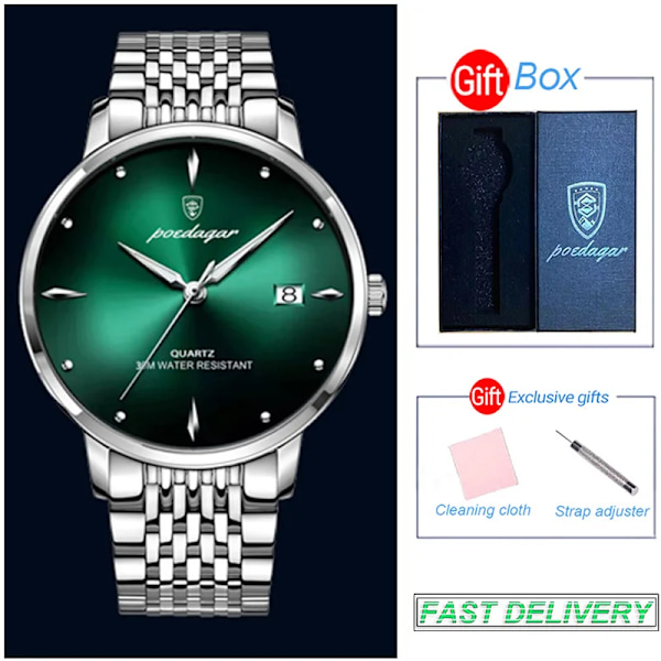 POEDAGAR Ultra Tynd Mænds Quartz Armbåndsur Vandafvisende Luksus Mærke Lysende Ur Mænd Rustfrit Stål Casual Gave green and box