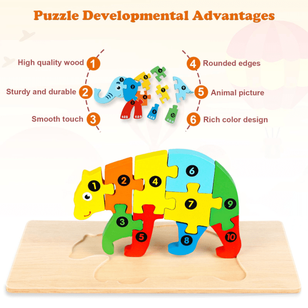 Barns blockleksak Trätecknad 7D-bräda Djurnummerblock Pussel-elefant