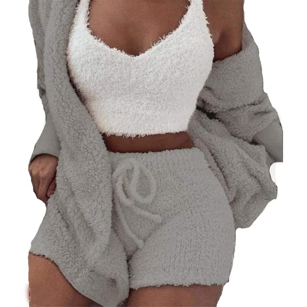 Naisten talvipehmoinen kodin casual 3-osainen pyjamat, pitkähihainen pörröinen hupullinen avoin etutakki, shortsit ja liivipuku Lämpiminä vaatteet (L)
