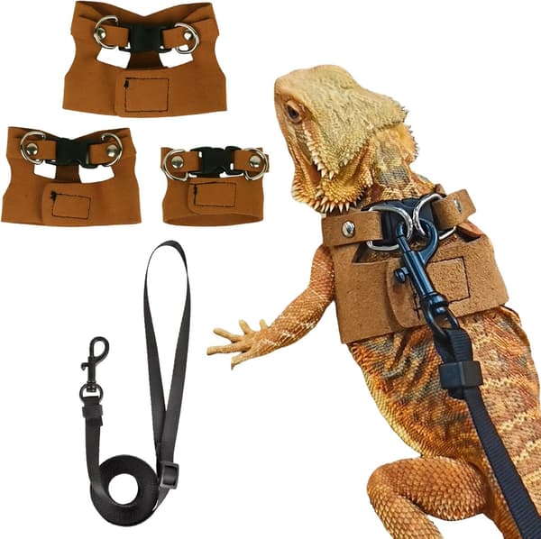 Bearded Dragon Harness Leash Set Lizard Harness, Lizard Reptile Walking Leash for Bearded Dragon Reptiles (Brown)