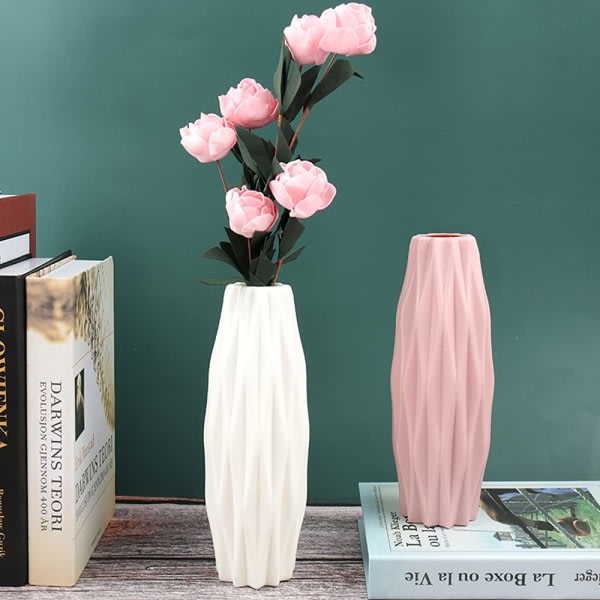 2 kpl Creative muovinen kukkamaljakko, kodin luova maljakko, pöytäkoriste muovimaljakko keittiöön olohuoneeseen makuuhuoneen toimistoon (vaaleanpunainen ja valkoinen)