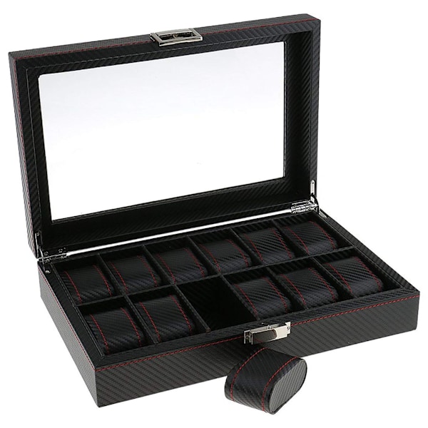 12-klockors klockbox - Lyxmodell i svart kolfiber med röda sömmar 1735
