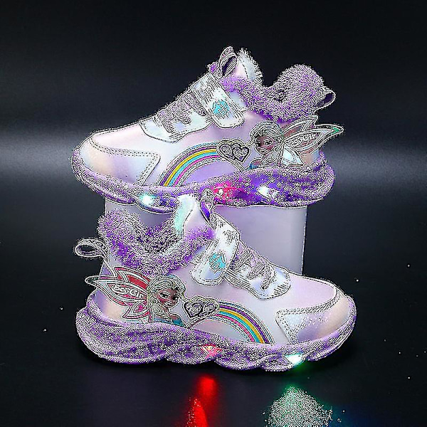 Piger Led Casual Sneakers Elsa Prinsesse Print Udendørs Sko Børn Lys-op Skridsikre Sko til Forår og Vinter - Yzy Purple T Purple T 23-insole 14.2cm