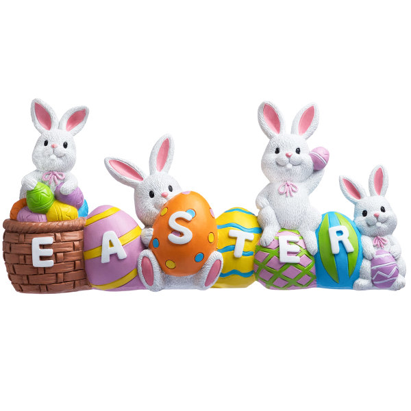 Påskehareegg med ordet påskeharpiksdekor påskeharpiksdekorasjon 4 kaniner Kanin og egg Bordplate påskefigur