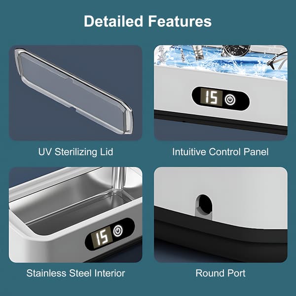Ultralydsrenser, 5 tilstande ultralydsrensning med display, til briller, proteser, ure, ringe, smykker, mønter, barberhoveder