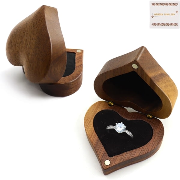 Pähkinäpuinen sormuslaatikko Pehmeä samettinen sisustus, puiset korvakorut ja korujen esittelylaatikko kihla- ja hääseremoniaan (täysi sydän)