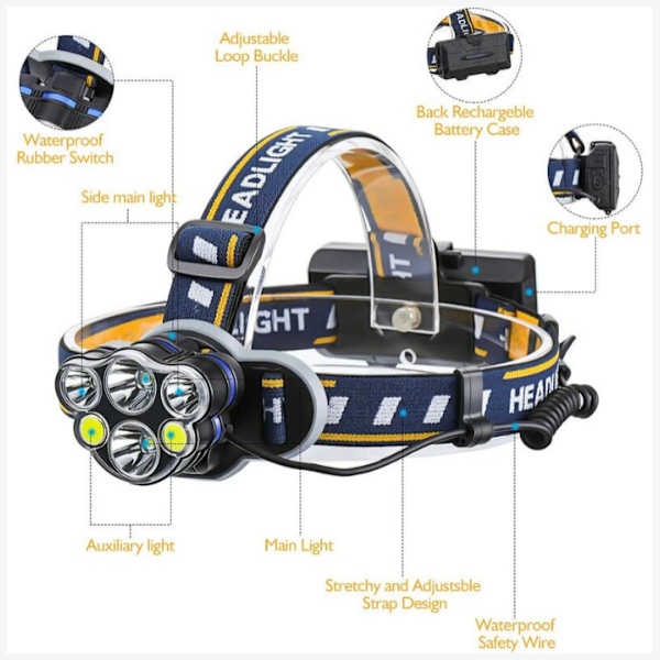 Supersterk hodelykt, oppladbar LED-lykt med 6 LED-dioder 12000LM 8 lysmoduser med USB-kabel