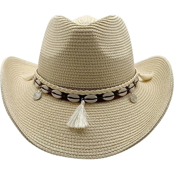 Länsi stråcowboyhatt kvinnlig strandsolhatt manlig bredbrättad hatt cowboyhatt sommar Panamahatt, beige