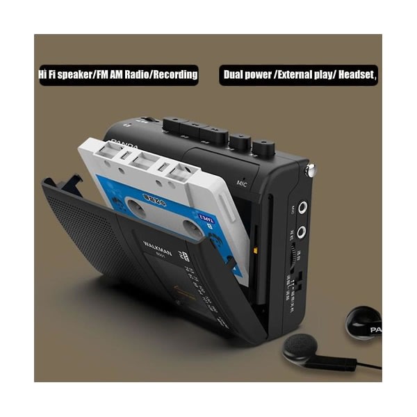 Panda 6501 Kannettava ranne AM/FM-radio Retro-kasettisoitin Walkman-kasettisoitin kaiuttimella 3,5 mm kuuloketoisto, musta