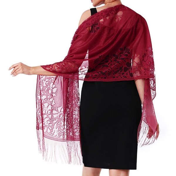 Blomstret blondetørklæde til kvinder med kvaster Mesh-netfrynser til bryllupsfestkjoler 180 cm rød