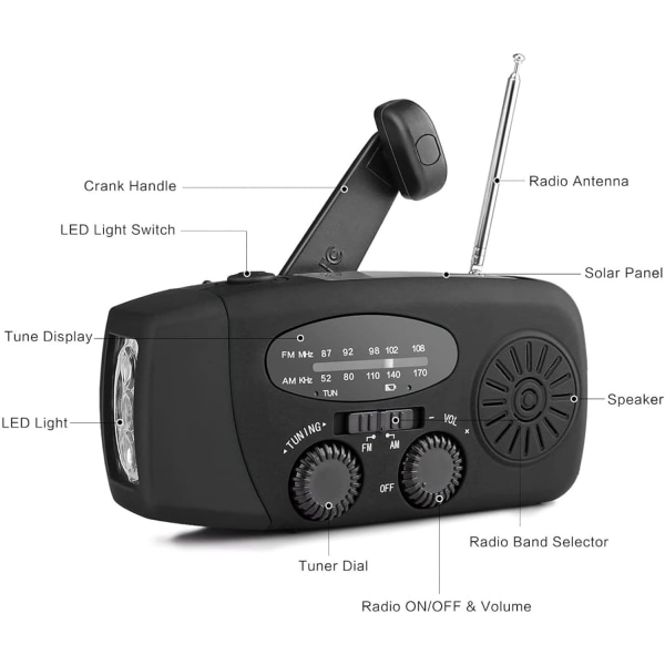 Solar Handvev Radio, Vev Solar Radio, Bærbar vejrradio med LED-fiklampa Black