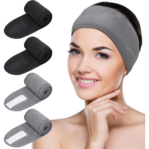 4 STK Genanvendeligt hårbånd Justerbart makeup-hovedbånd Stretchy håndklædebånd til kvinder Ansigtspleje Spa（Sort Grå）
