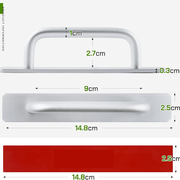 3 stk sølv aluminiums dørhåndtak med selvklebende strimler for skyvedører