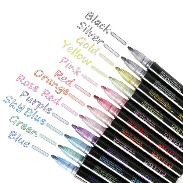 Kaksilinjaiset ääriviivakynät, 12 väriä ääriviivamerkitsimet kynät kiiltävät ääriviivamerkitsimet metalliset tussit set