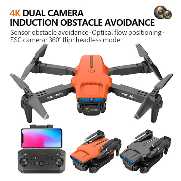 A6 Pro Drone GPS WIFI FPV 4K HD Kamera 3 Batterier Foldbar Selfie RC Quadcopter Orange