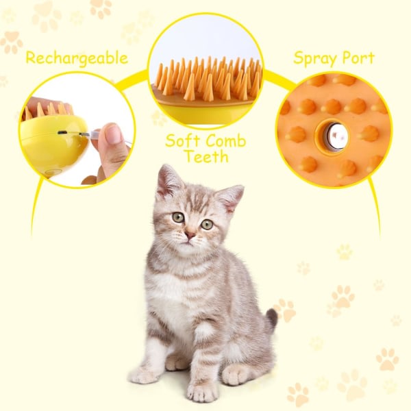 Steamy Cat Brush, 2024 Ny 4 i 1 multifunktionel Cat Steamy Brush, Selvrensende Steam Cat Brush til massage, Silikon Steam Pet Borste for gul