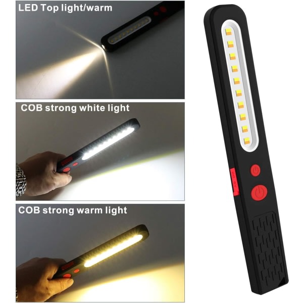 Uppladdningsbart LED-arbetsljus, dubbelfärgskombinationsljus 2-i-1 inspektionsljus ja 3W COB LED-ficklampa ja dubbla magneter