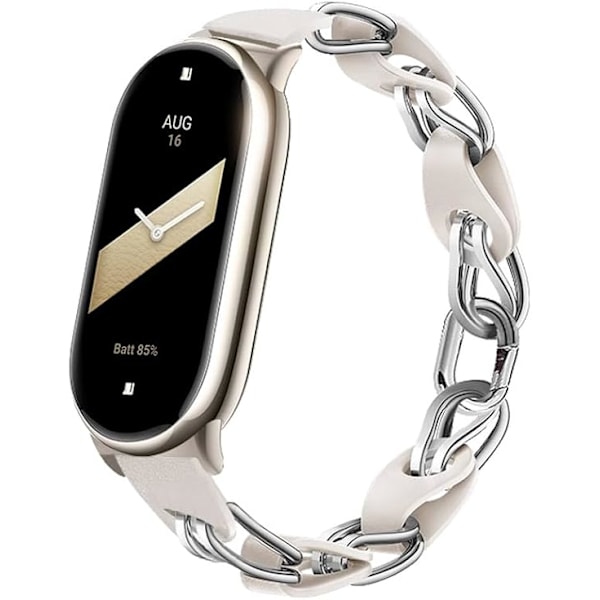 Kompatibelt med Xiaomi Mi Band 8 Armband, Ersättningsarmband Öppen Design Rostfritt Stål Ring Läderkedja Bälte Andningsbart Elegant Armband för Dam White Silver