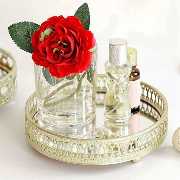 Spejlbakke Rund Spejlbakke dekoration, håndvask, badeværelse, soveværelse, guld dekoration serveringsbakke (lille guld), 17,5 cm