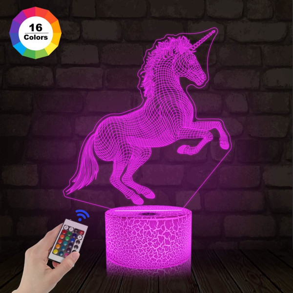 Unicorn sengelampe, 3D Illusion Laser Night Light 16 farver