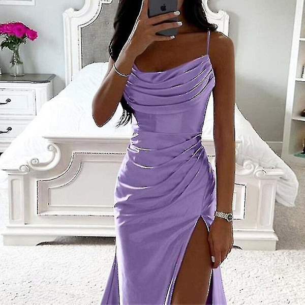 Kvinnor Långa Maxiklänningar Cowl Neck Aftonklänning Ärmlös Satinklänning Fest Casual Ljuslila Light Purple S