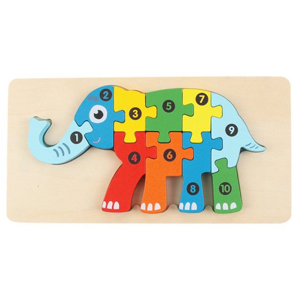 Barns blockleksak Trätecknad 7D-bräda Djurnummerblock Pussel-elefant