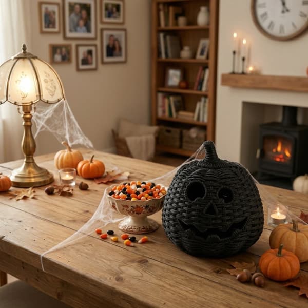 Sort vævet hul græskar-natlampe, Halloween bordlanterne B 16*16*20cm