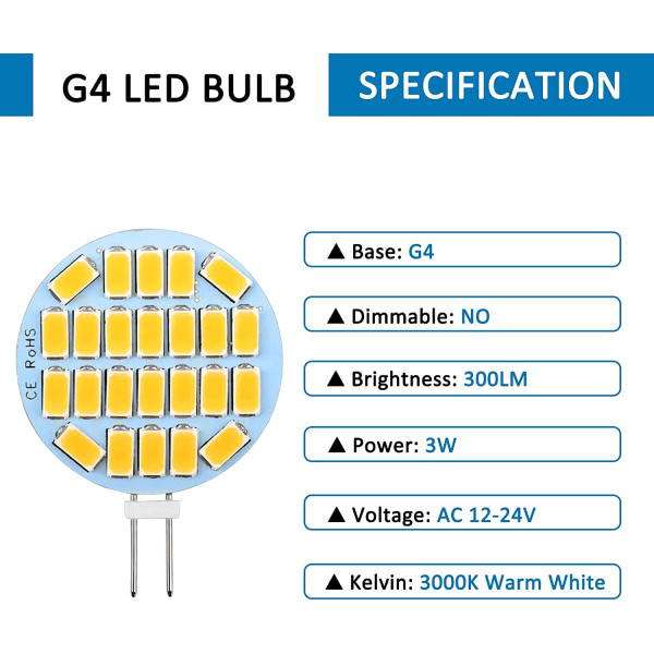 G4 LED 3W, AC12-24V, 300LM Varm hvid 3000K, 24x5730 SMD 6 Pack