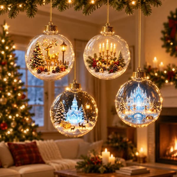 3D gjennomsiktig julekule med vintermotiv og LED-belysning - juletrepynt