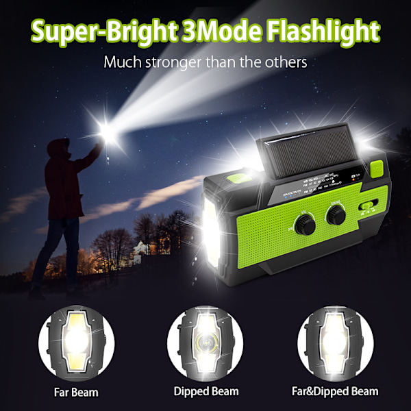 4000mAh vevradio med solcellsficklampa och powerbank green