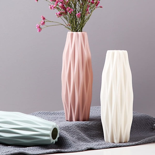 2 kpl Creative muovinen kukkamaljakko, kodin luova maljakko, pöytäkoriste muovimaljakko keittiöön olohuoneeseen makuuhuoneen toimistoon (vaaleanpunainen ja valkoinen)