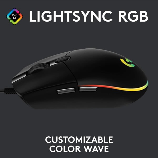 G102 LIGHTSYNCGaming-mus med RGB-belysning, 6 ohjelmoijaa knappar, Gaming Grade Sensor, 8K DPI-spårning, lätt - svart