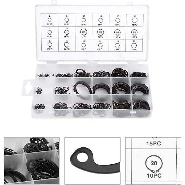 300 stk E-klips Snap Ring Shop Sortiment Svart Circlip Kit Ekstern holdering Sortiment 2mm Til 32mm