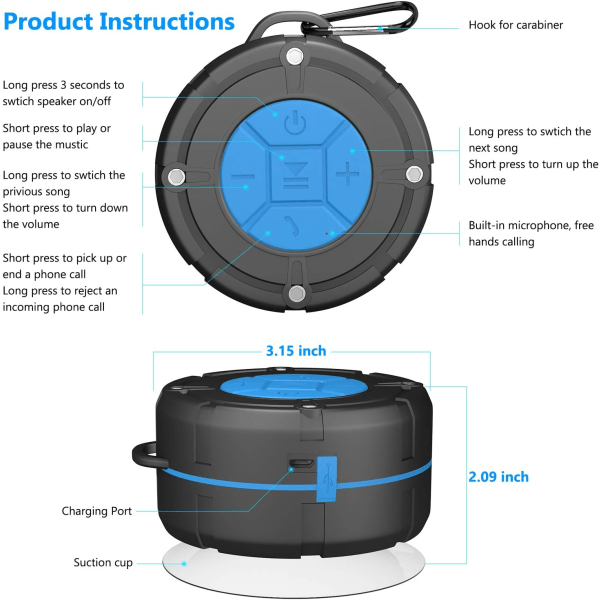 Bärbar Bluetooth högtalare, vattentät IPX7 trådlös dusch
