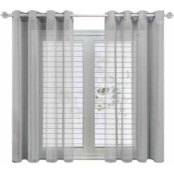 Grå gardiner i linne-look 140x160cm halvtransparenta med öljetter - Sovrumsvoilegardiner för vardagsrum, moderna köksgardiner, 2-pack-XM4-
