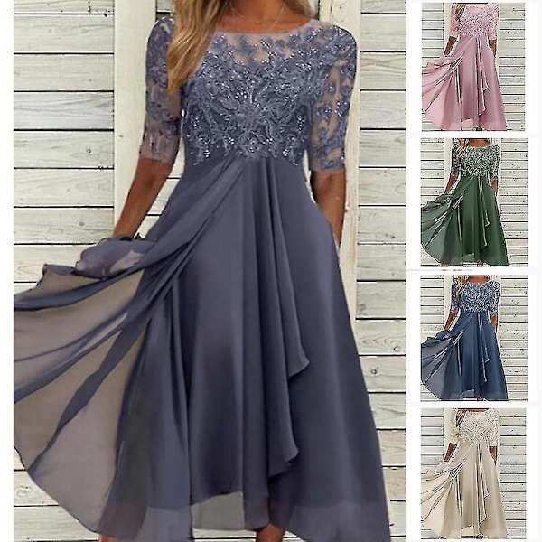 Spetsapplikationer Kläder Midi Kortärmad Aftonklänning Casual All Match Kläder För Bröllop Lila Lila XL