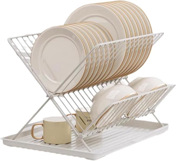 Diskställ dubbla nivåer med droppbricka kolstål vit 37x29x26 cm White