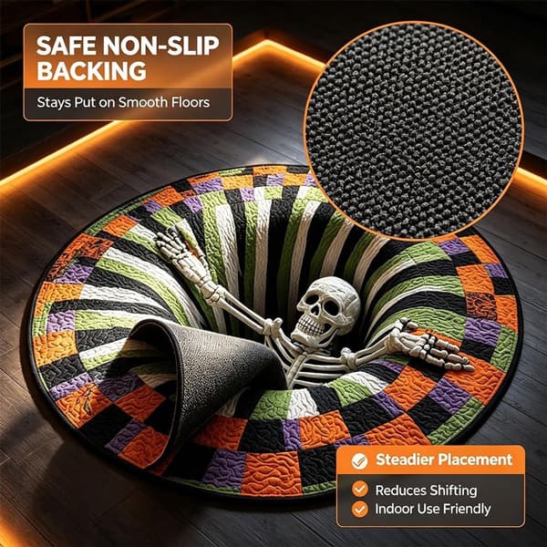 3D Halloween Tæppe 99 cm, Optisk Illusion Spøgelse Skelet Græskar Tæppe, Skridsikker Rund Dørmåtte, Uhyggelig Boligindretning