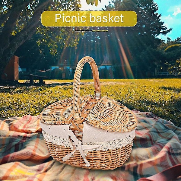 Håndlaget flettet kurv med håndtak, flettet camping-piknikkurv med doble lokk, shoppingoppbevaring-XF4-