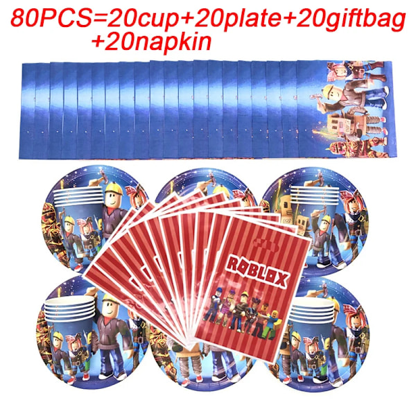 Barnebursdagsgaveposer Roblox Tema Festutstyr Papptallerkener Kopp Tallerkener Serviett Baby Shower Engangsservise sett 80 stk.-XF1- 42pcs-6